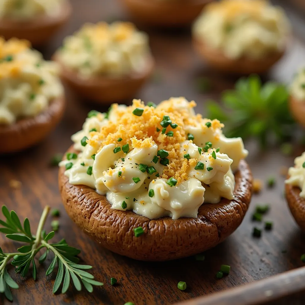 Stuffed Mushroom Caps
What Makes Them Special
These savory mushroom caps are packed with a creamy, herbed filling that's irresistibly delicious. They look fancy but are surprisingly simple to make.
Key Ingredients

24 large white mushrooms
8 oz cream cheese, softened
1/2 cup shredded Parmesan cheese
1/4 cup breadcrumbs
3 cloves garlic, minced
2 tablespoons fresh parsley, chopped
1 tablespoon fresh thyme leaves
2 tablespoons olive oil
Salt and pepper to taste

Step-by-Step Instructions
Preheat oven to 375°F. Clean mushrooms by wiping them with a damp paper towel. Never rinse mushrooms under water as they absorb moisture and become soggy.
Remove stems from mushrooms by gently twisting and pulling. Chop the stems finely and set aside. Arrange mushroom caps gill-side up on a baking sheet.
Heat olive oil in a skillet over medium heat. Add chopped mushroom stems and minced garlic. Sauté for 4-5 minutes until softened and fragrant. Let cool slightly.
In a mixing bowl, combine cream cheese, Parmesan, breadcrumbs, cooked mushroom stems, parsley, thyme, salt, and pepper. Mix until thoroughly combined.
Using a small spoon, fill each mushroom cap generously with the cream cheese mixture, mounding it slightly. Press gently to ensure filling adheres.
Bake for 18-20 minutes until mushrooms are tender and filling is golden on top. Let cool for 5 minutes before transferring to a serving platter.