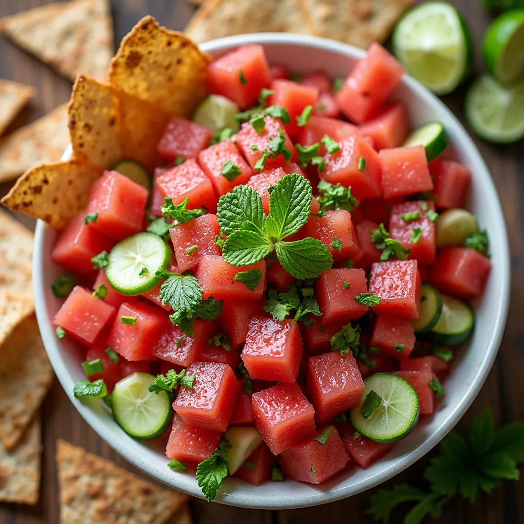 Watermelon and Cucumber Salsa with Cinnamon Chips